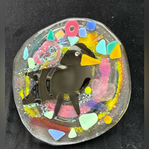 Crow“ Fused Art Glass Round Clear Design Original Handmade 7” Plate - Picture 4 of 10